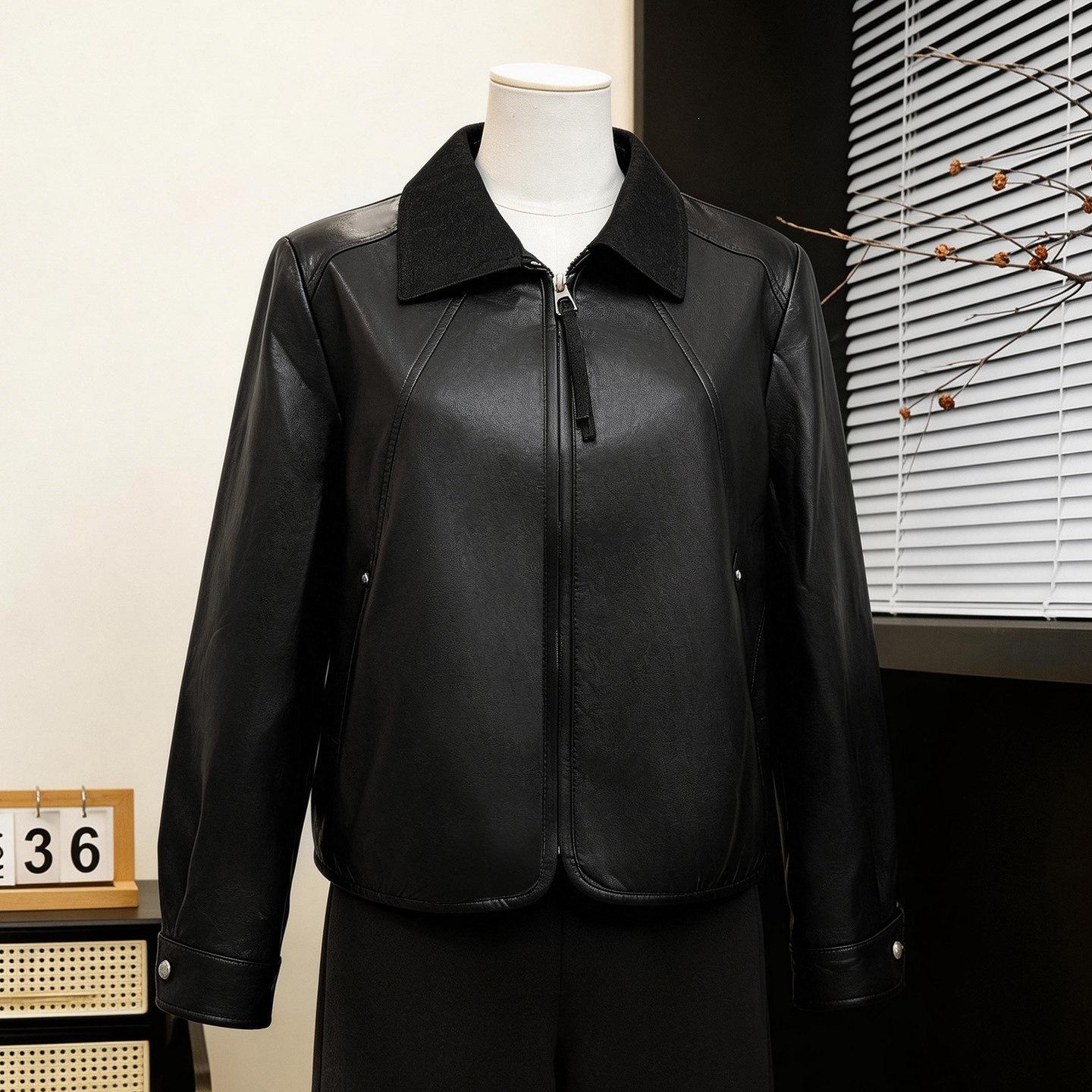 2026 Spring Women s Retro Small Lapel PU Leather Motorcycle Jacket Coat L (Recommended under 105 lbs)