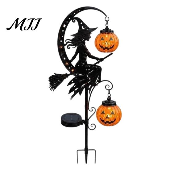 Illuminated Halloween Path Lights Solar Powered Witch Pumpkin Ground Stake Light, Metal Broom Moon Heavy Duty Iron Signs Statue Outdoor Yard Sculpture