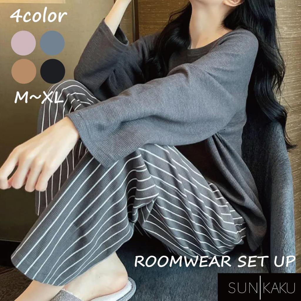 SUN KAKU Pajama Long Plus Perfect for Spring and XL Women's Set, Loungewear, Sleeves, Cupped, Striped, Cute, Size, Autumn, Pink,