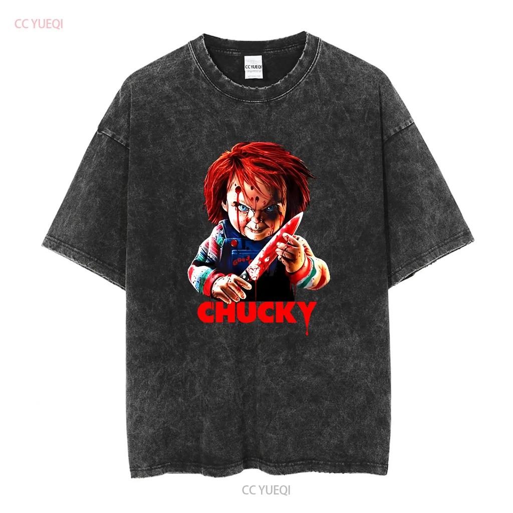 Chucky Bloody Knife Childs Play Halloween T SHIRT US Size Xmas Vintage Washed Streetwear Stretched Unisex Casual Soft Stylish