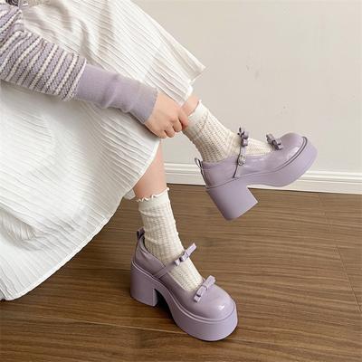 Modische lila französische Schleife Plateau High Heel kleine Lederschuhe Damen 2025 neue Frühling vielseitige Mary Jane Einzelschuhe