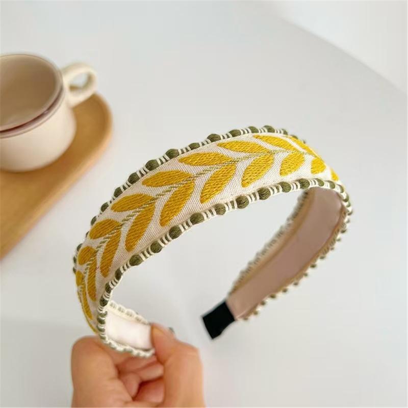 Wide Knotted Hairband With Leaf Embroidery Design Headbands Soft Fabric Hair Decoration Fashion Headwear For Women Girls