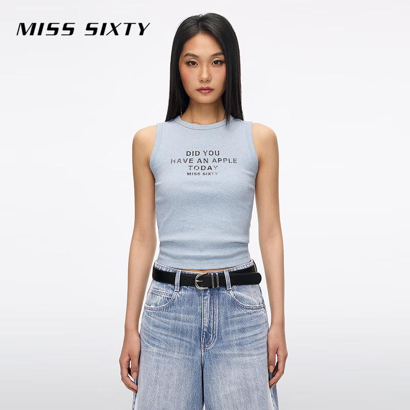 MISS SIXTY 2026 Summer Sleeveless English Print Slim-Fit T-Shirt M серо-синий