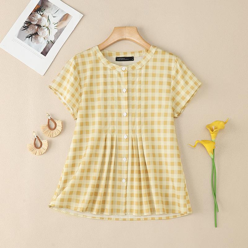 

ZANZEA Женская повседневная блузка с круглым вырезом, короткими рукавами и свободным принтом в клетку 5XL