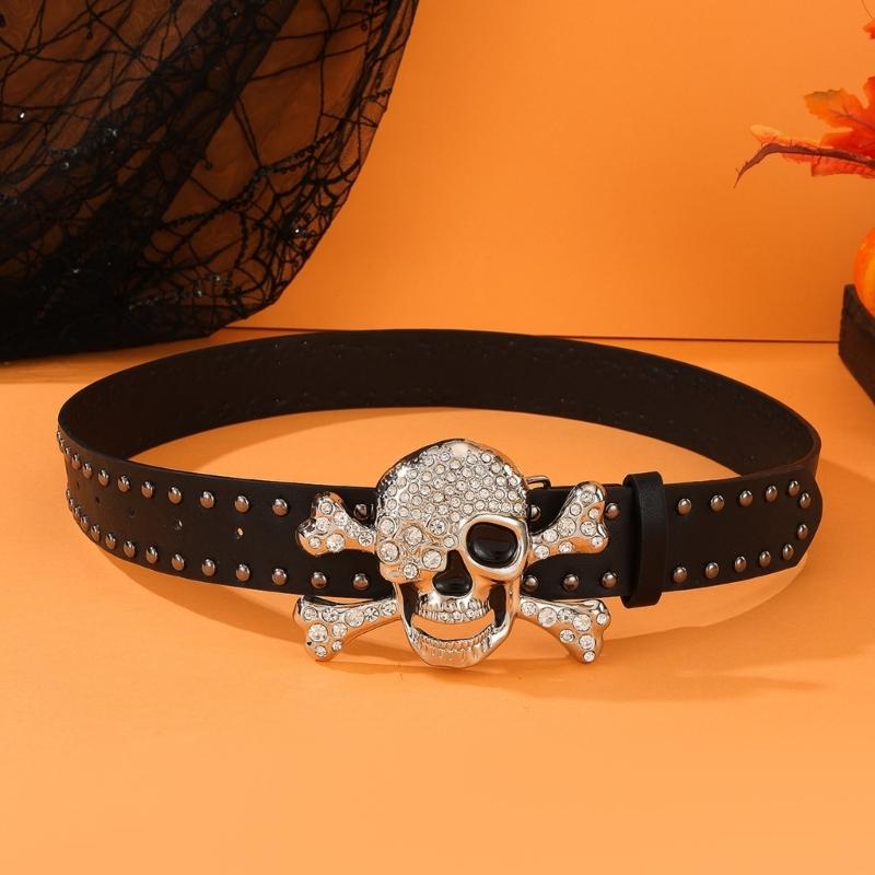 Popular Rhinestones Skull Buckle Belt for Adult Rivet Studded Belt All Matching Western Belt for Daily and Club Wear