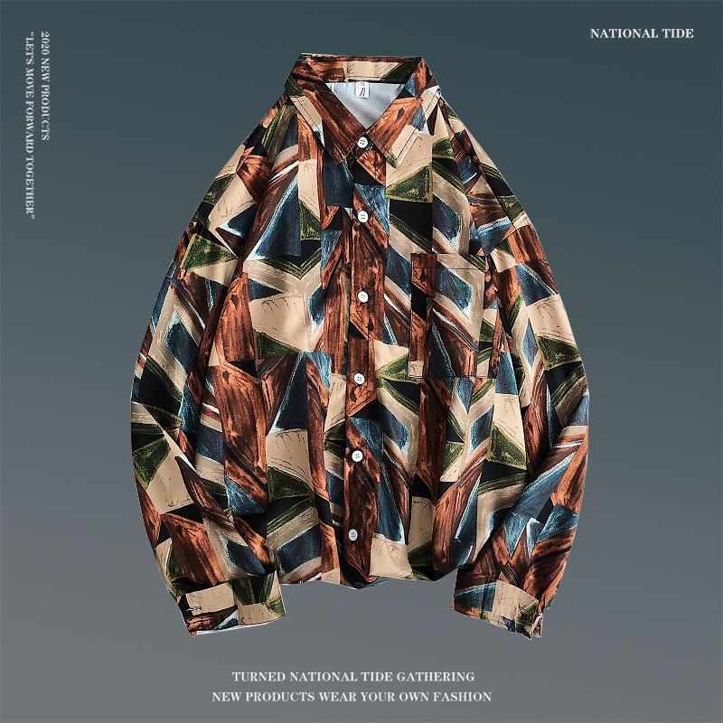 Men's Spring Retro Floral Long Sleeve Shirt - Korean Style, Trendy, Versatile, Loose Fit, Hong Kong Couple Style Top.