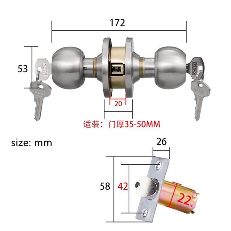 Double-sided Key Single Tongue Spherical Lock Stainless Steel Handle Bedroom Door Locks Indoor Door Knob with Lock and Key A