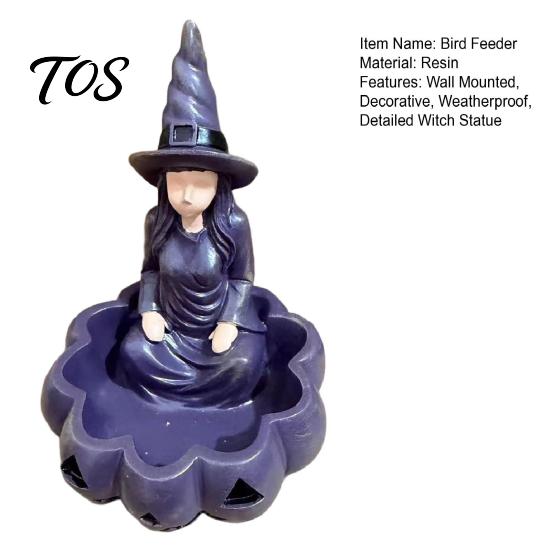Halloween Party Decoration Meditating Witch Garden Bird Feeder, Resin Sitting Statue Wild Food Station Outdoor Wall Mounted Feeder for Deck Yard Porch