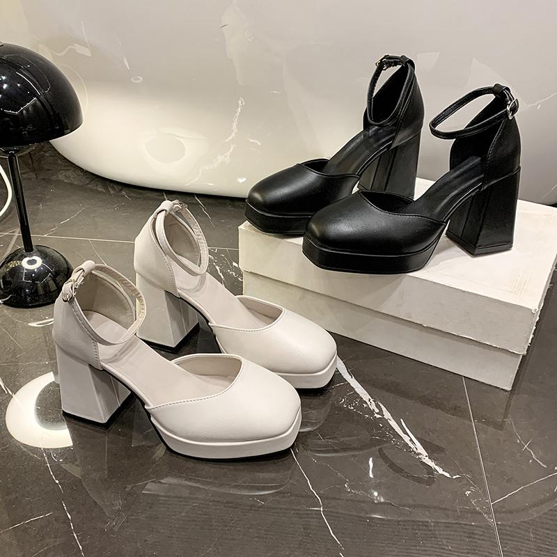 Fashion Plus Size Women's Shoes Wide Fit Summer New Style Single Shoes Thick Heel High Heel Sandals French Mary Jane Mini Leather Shoes