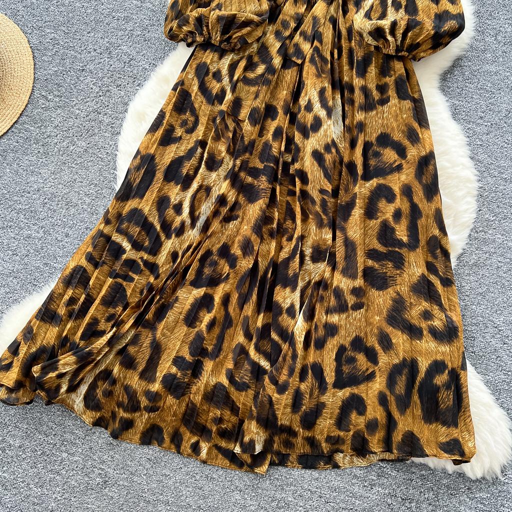 Szykowna vintage seksowna sukienka z długim rękawem w panterkę w kształcie litery A Moda moda koreańska Wyszczuplająca letnia Eleganckie sukienki