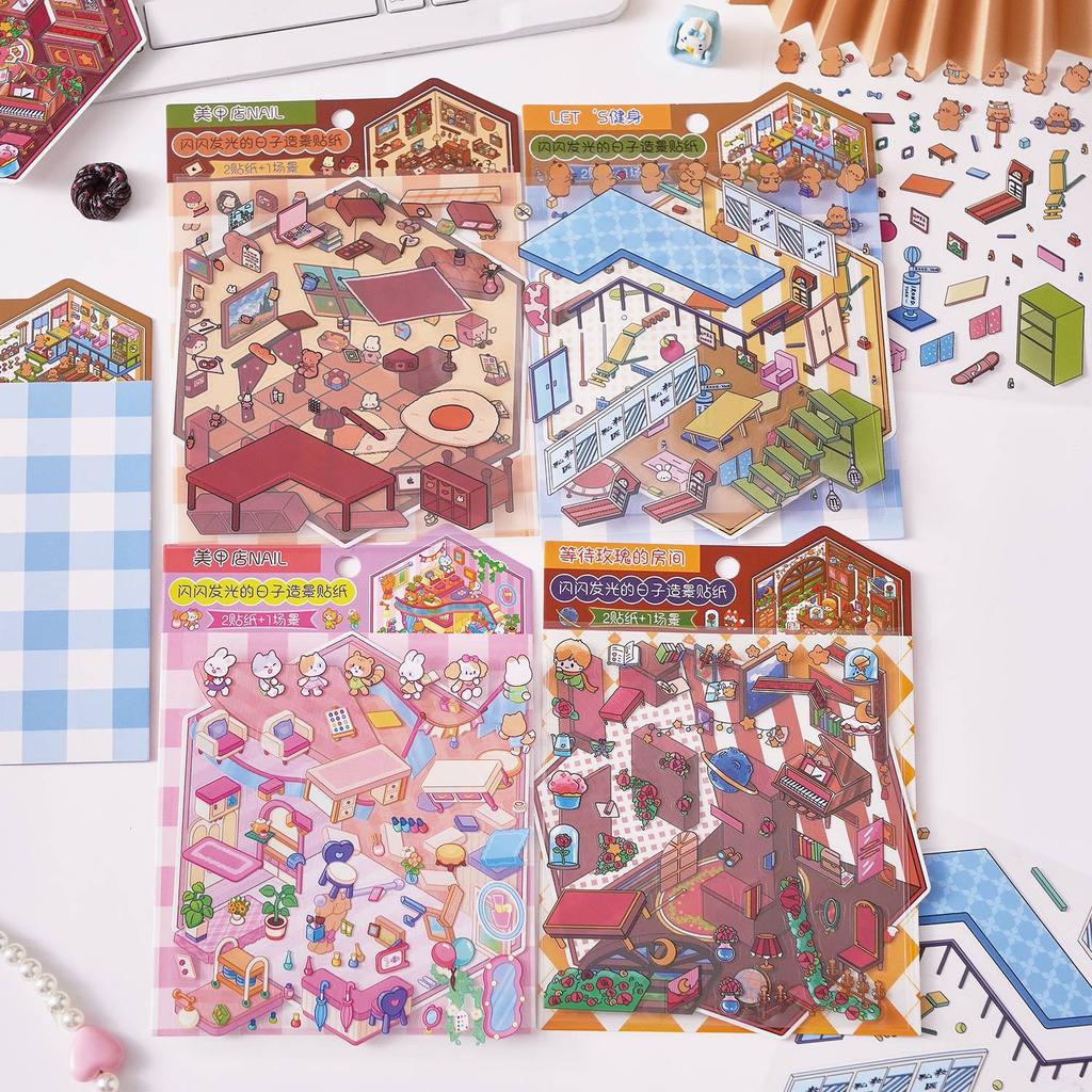 Layered Miniature Sticker Set - 3pcs Cute Dimensional Decals for DIY Scenes & Crafts