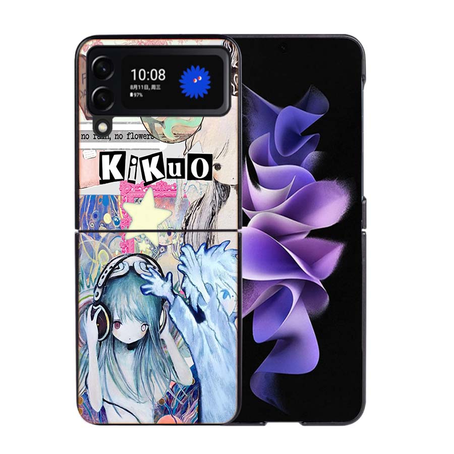 K-KikuoS Art Cute Phone Case For Samsung Z Flip 7 6 5G Galaxy Z Flip4 Z Flip5 Z Flip3 Coque Black Hard PC Shell Protective Cover