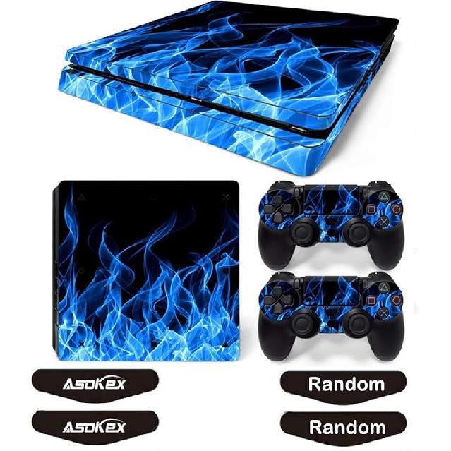 Ps4 Slim Stickers Full Body Vinyl Skin Decal Cover for PlayStation 4 Console Controllers (with 4pcs Led Lightbar Stickers) (Blue fire) (PS4 Console