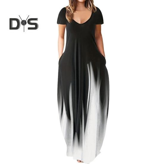 Women Maxi Dress with Pockets V Neck Short Sleeves Gradient Contrast Colors A-line Full Length Dress for Daily Party Dating