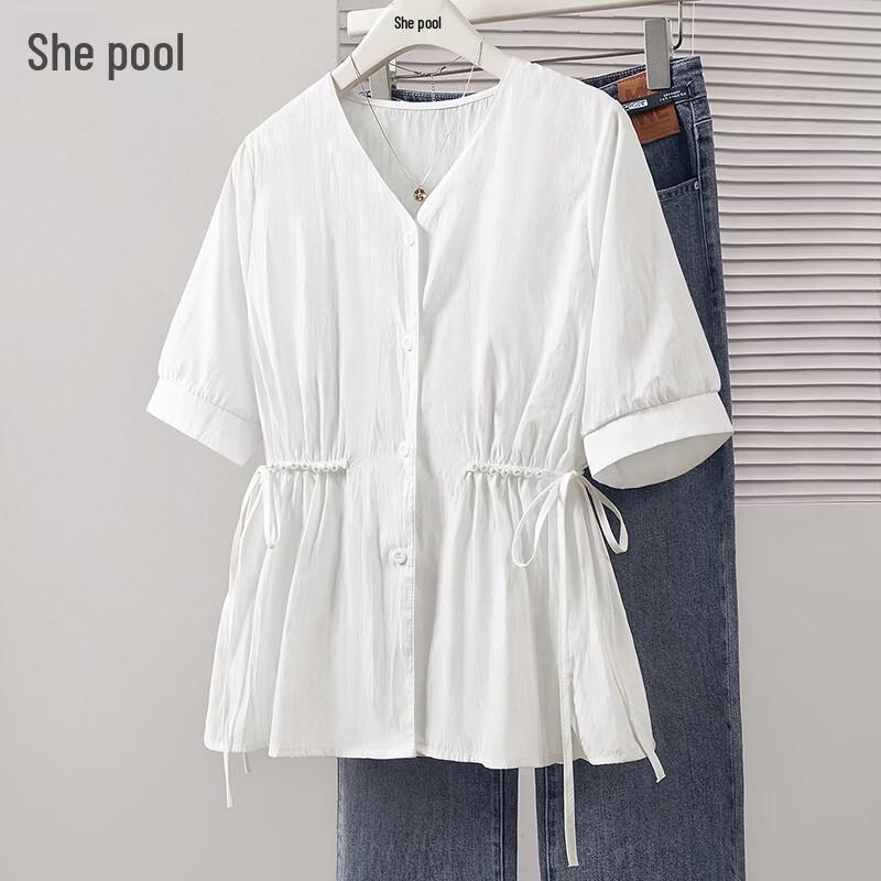 

French Style Beaded Waist-Cinching V-neck Shirt XL