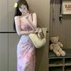 Holiday style smudged floral suspender dress women's summer French age reduction waist hip skirt long dress women's tide