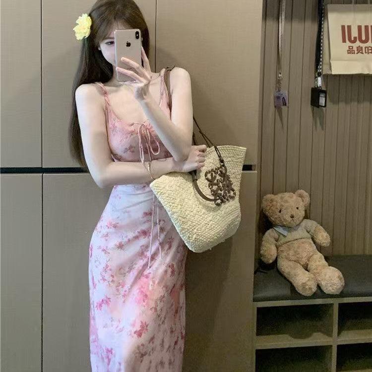 Holiday style smudged floral suspender dress women's summer French age reduction waist hip skirt long dress women's tide