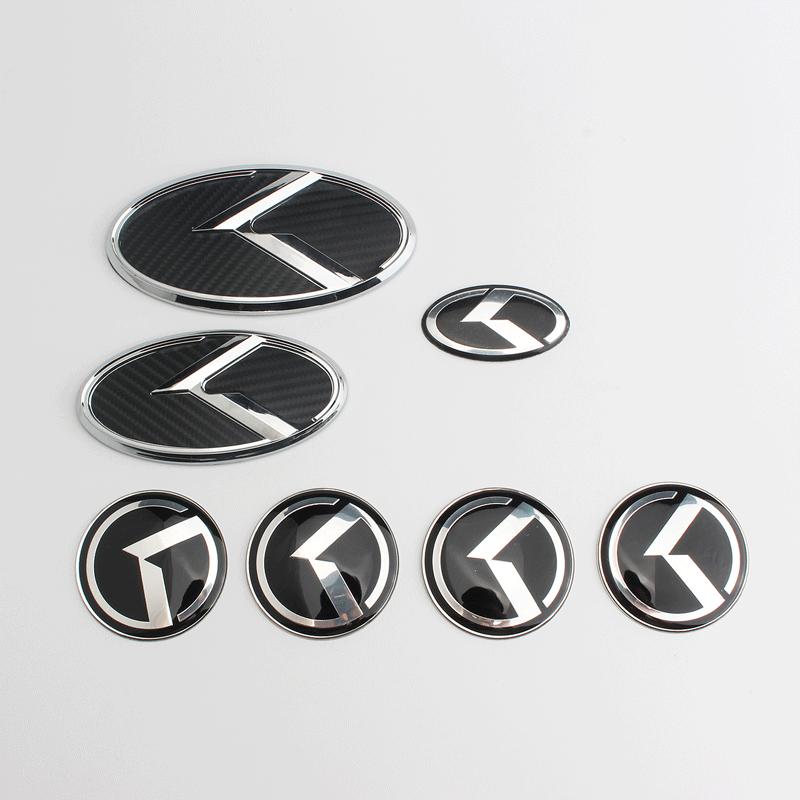 1 SET(7 Pcs) K Logo 3D Emblem Front Grille Trunk + Steering Wheel + Wheel Center Caps Sticker Badge for OPTIMA K5 Forte Koup