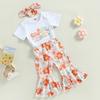 Baby Girls Summer Casual Outfit Sets White Short Sleeve Letter Print Romper + Floral Flared Pants + Headband