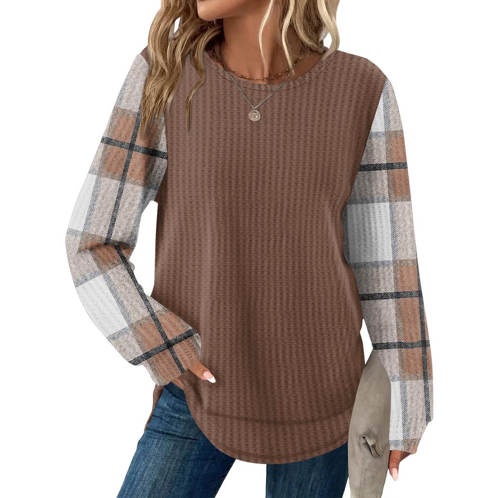 Women's Plaid Print Round Neck Long Sleeve Casual Loose Top