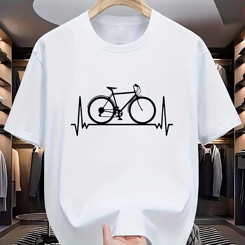 Bike Heartbeat Line Art T-Shirt Men's and Woman‘s Cycling Tee Minimalist Bicycle Print Short Sleeve Crewneck