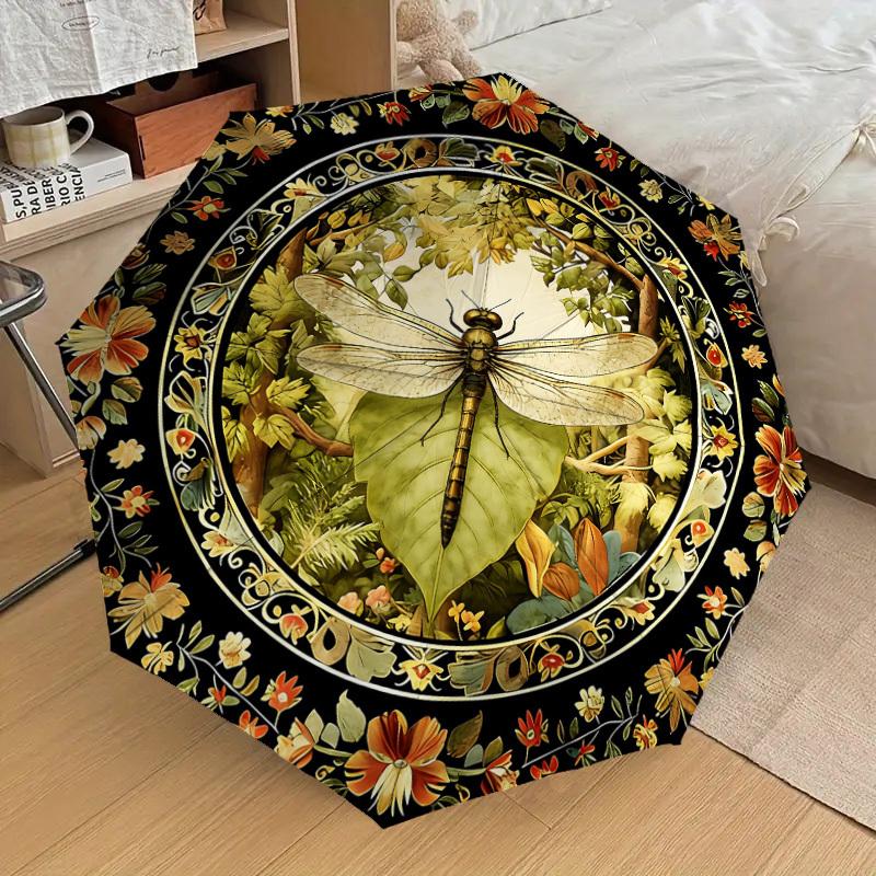 1PC Dragonfly Floral Umbrella-8-Rib Reinforced, Automatic Open, Lightweight & Durable, Cute Fashion Accessory for Outdoor, Beach or Casual Use, Beach