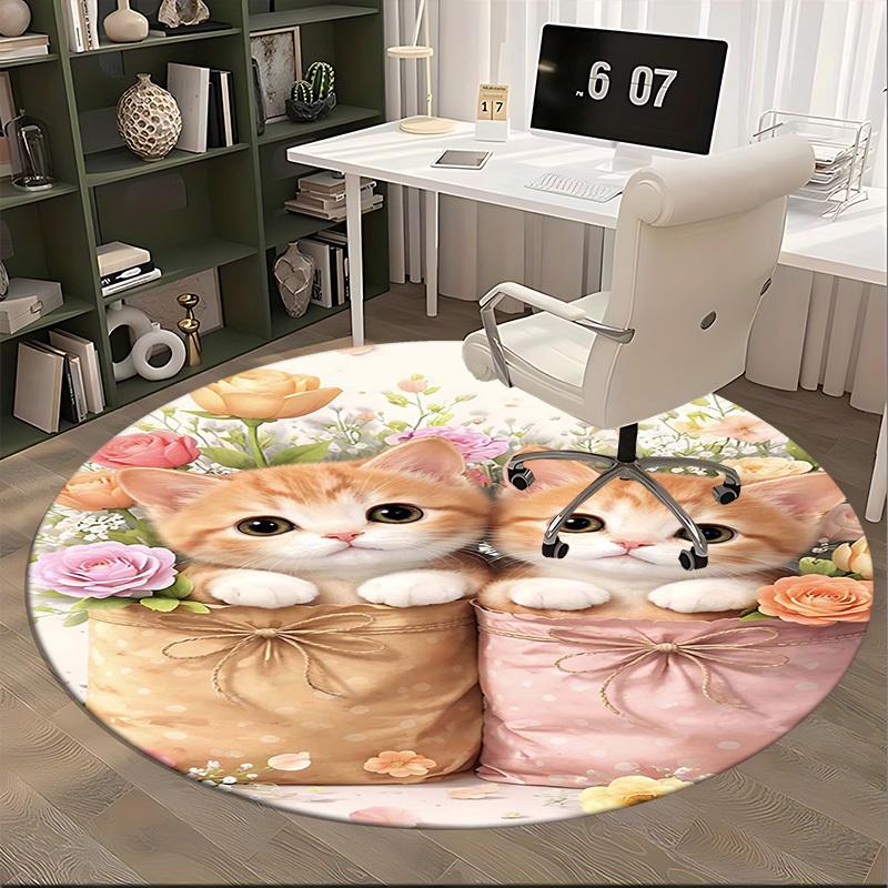 1pc Cute Cat Round Carpet - Floral Design Office Chair Mat, Non-Slip Rug for Home Decor, Suitable for All Seasons and Occasions.H003