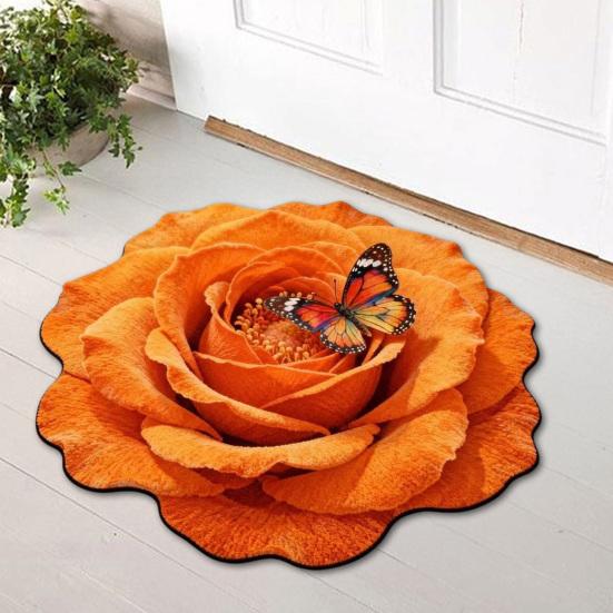 3D Flower Floor Mat Large Flower Shape Living Room Rug Realistic Floral Butterfly Floor Rug with Anti-Slip Bottom for Home Bedroom Dining Room