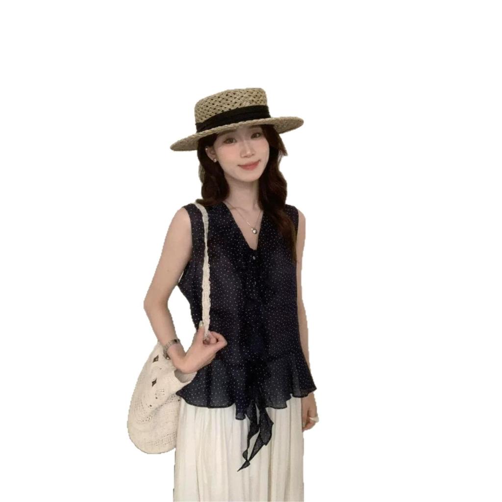Gentle Korean style ruffle leaf edge V-neck strap sleeveless shirt shirt women's summer design shirt top