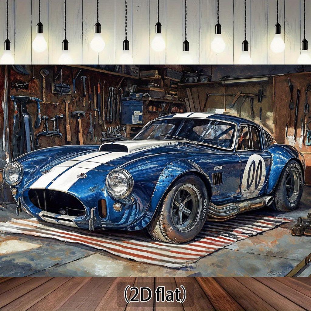 1 piece of 2D flat photo booth props, vintage racing garage backdrop, with vintage carXY