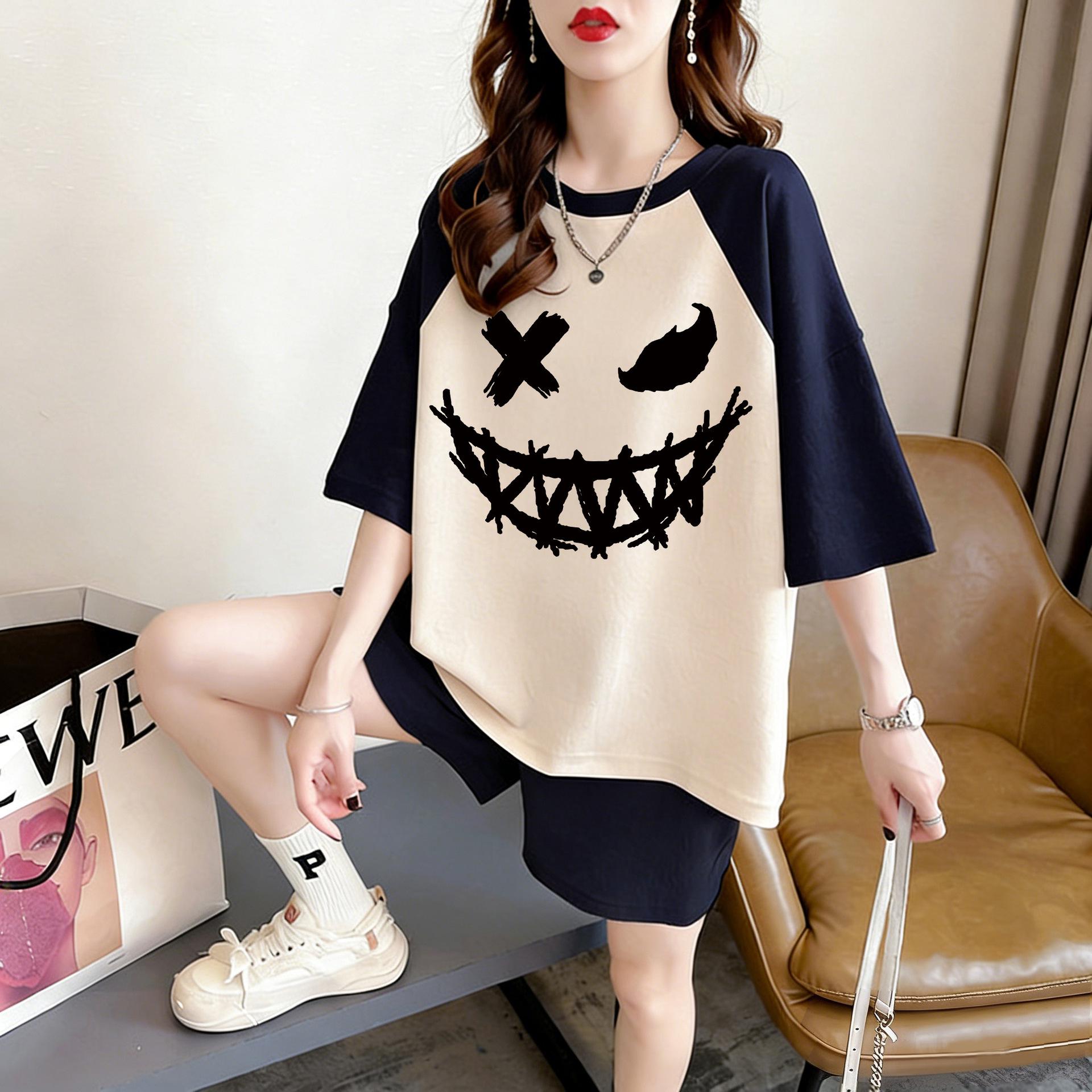 

Women s 2026 Summer Raglan Pure Cotton Short-Sleeve T-Shirt - New Popular American Loose Fit Design XL Темно-синій/абрикосовий