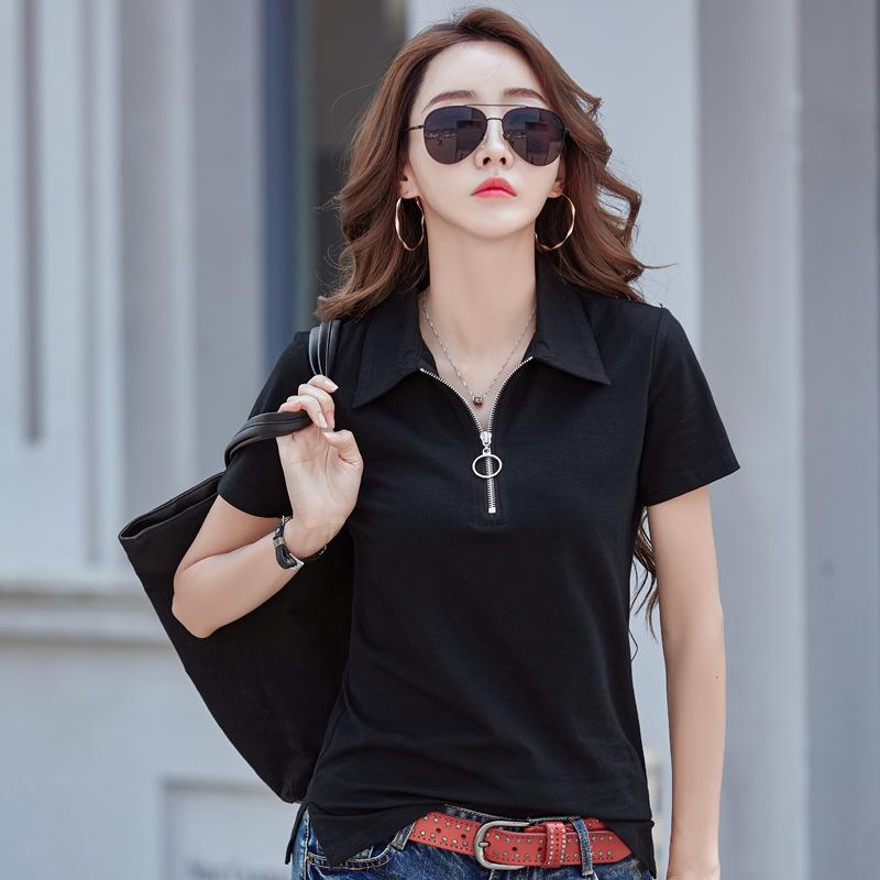 

Женская рубашка поло в корейском стиле: Лето 2025, короткий рукав, лацканы, 95% хлопок XL чёрный