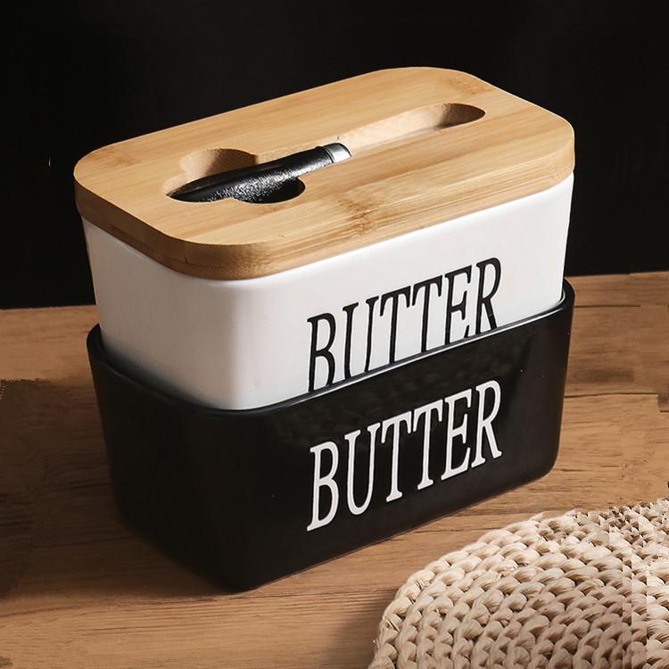 Wooden Cover Ceramic Butter Box with Spatula Knife Sealed Fresh Butter Box Multicolor Rectangular Sealed Kitchen Storage Box