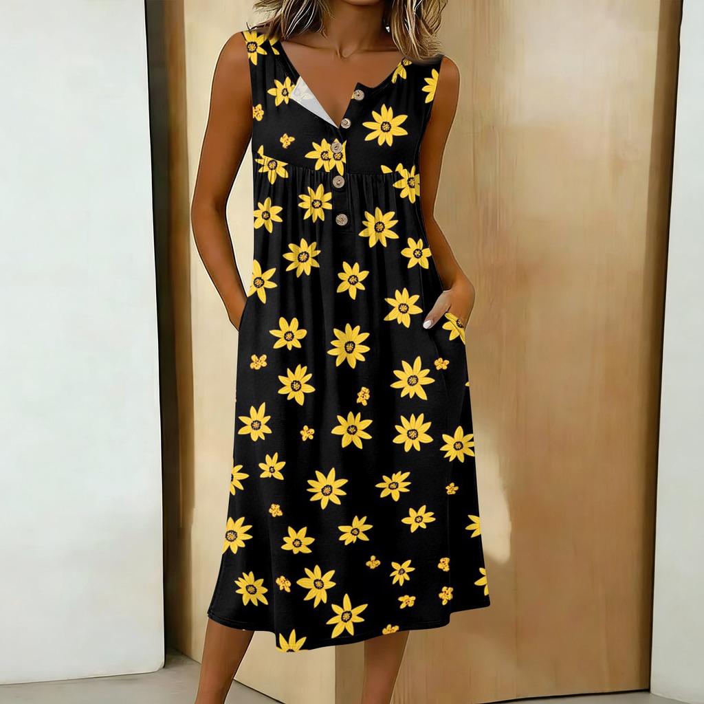 Women's Casual Sleeveless Button-down Mid-length Dress