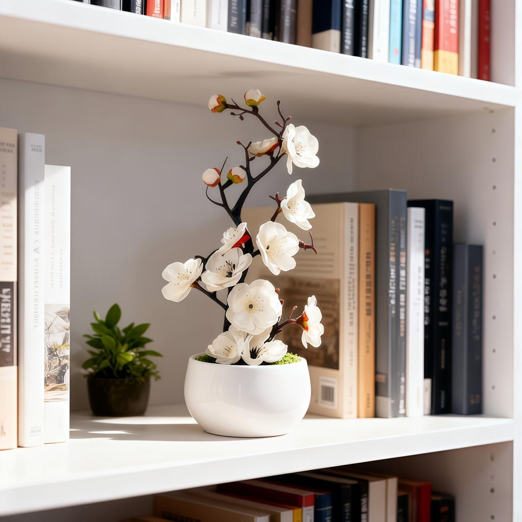 1pc Realistic Artificial Plum Blossom Bonsai, Mini Potted Tree for Home Office Desk, Maintenance-Free with White Pot, Flowers