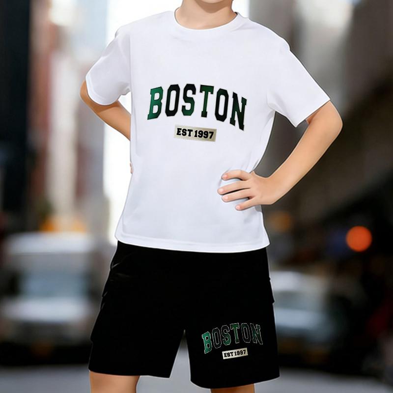 

Boys 2 Piece Boston Letter Printed Outfit, Short Sleeve T-Shirt and Shorts Set for Kids Age 5-14,Black and White Sporty Casual Summer Clothes 13-14 Years