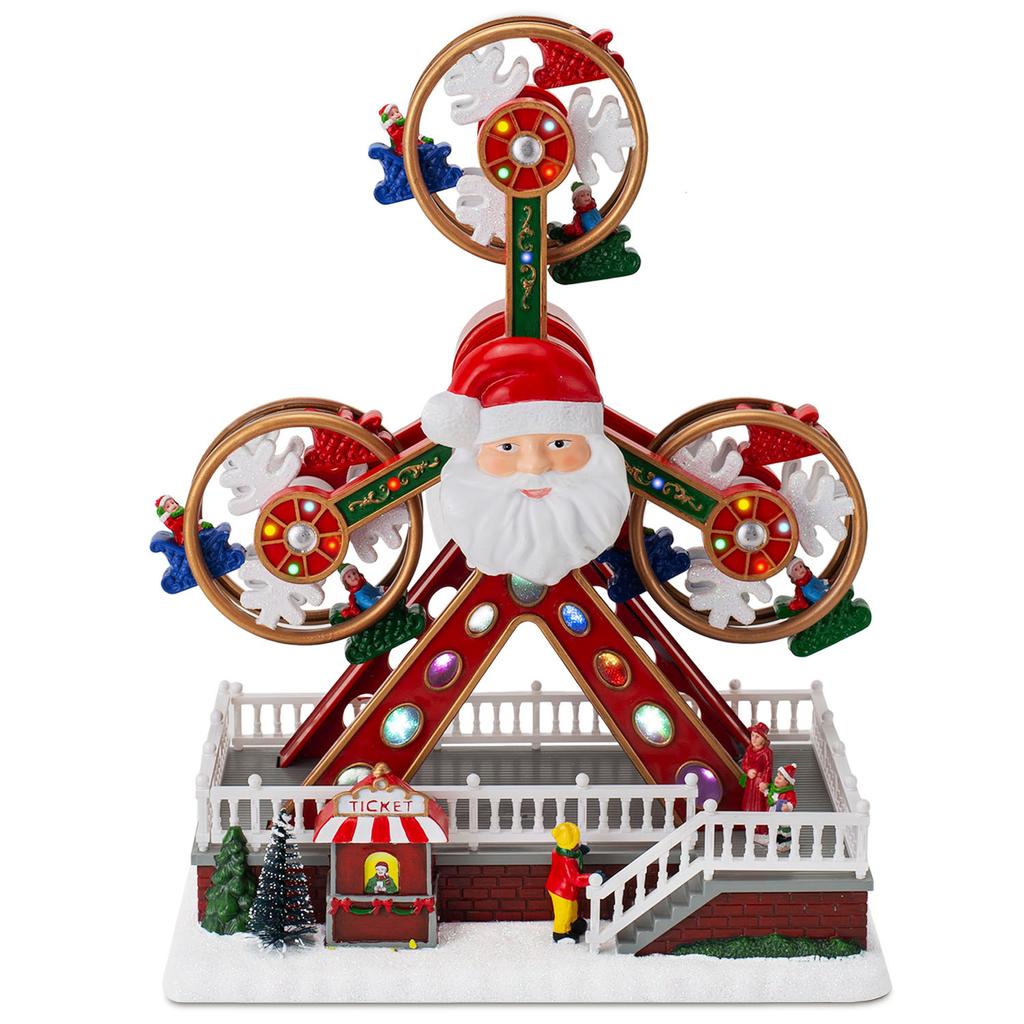 Christmas Ferris Wheel Decoration with Santa Claus Face, LED Lights & Music, Animated Rotating Xmas Ornament for Home Party Gift