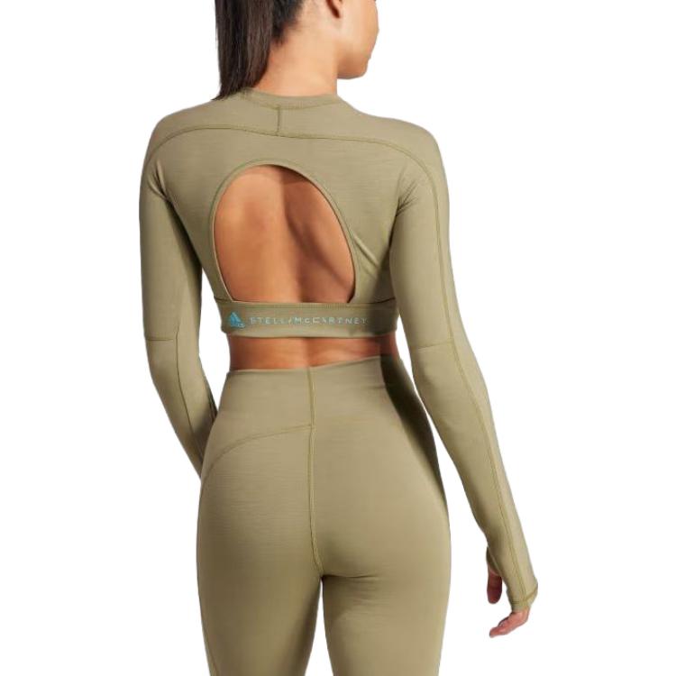 Adidas X Stella McCartney Truestrength Cropped Long Sleeve Solid Color Round Neck Fitted T-Shirt Women tops Olive-Green IT5714