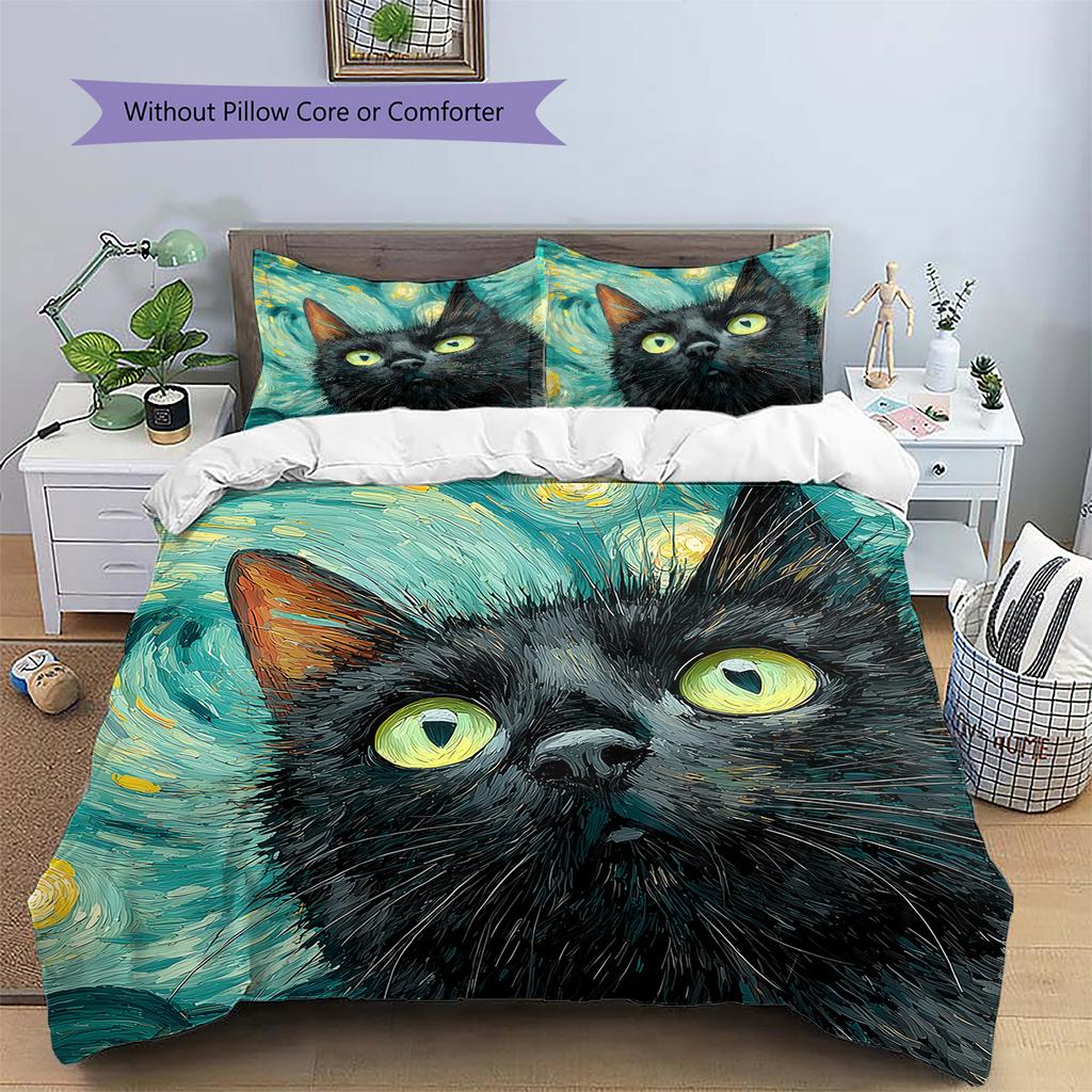 Starry Sky Black Cat  Pattern Bedding Quilt Set Quilt Cover Pillowcase Home Decoration  Gift (1 * Duvet Cover + 2 * Pillowcase, Without Core)