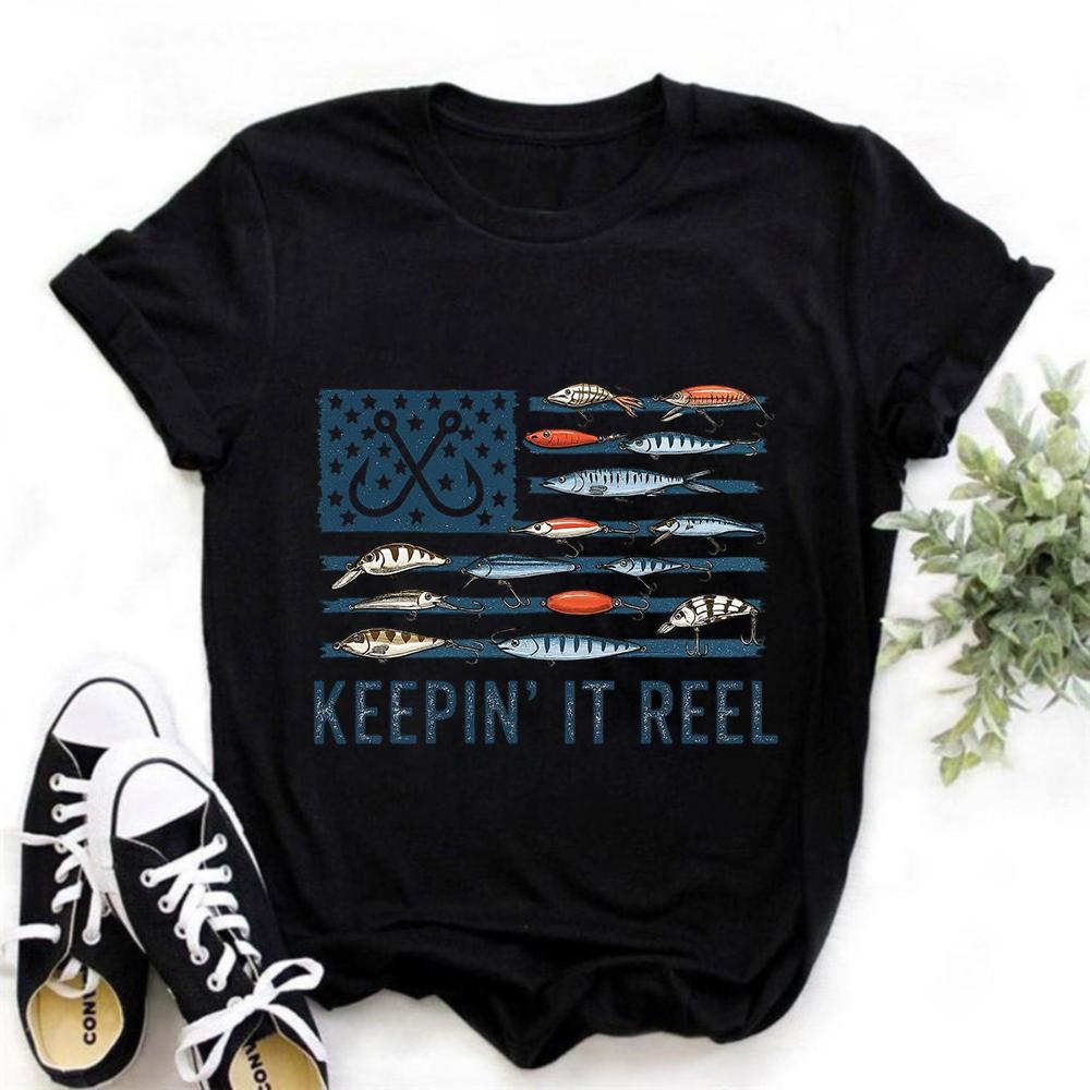 American Flag Fishing Lure Print Crewneck Short Sleeve Unisex Cotton Graphic T-shirt for Fishing Lovers
