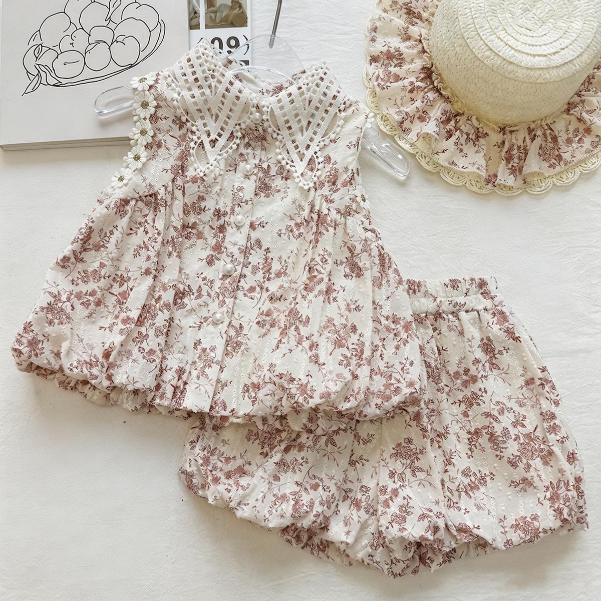 Girls Summer Floral Lace Collar Sleeveless Top And Bud Shorts Two Piece Set Fashionable Casual Outfit For Kids 90cm
