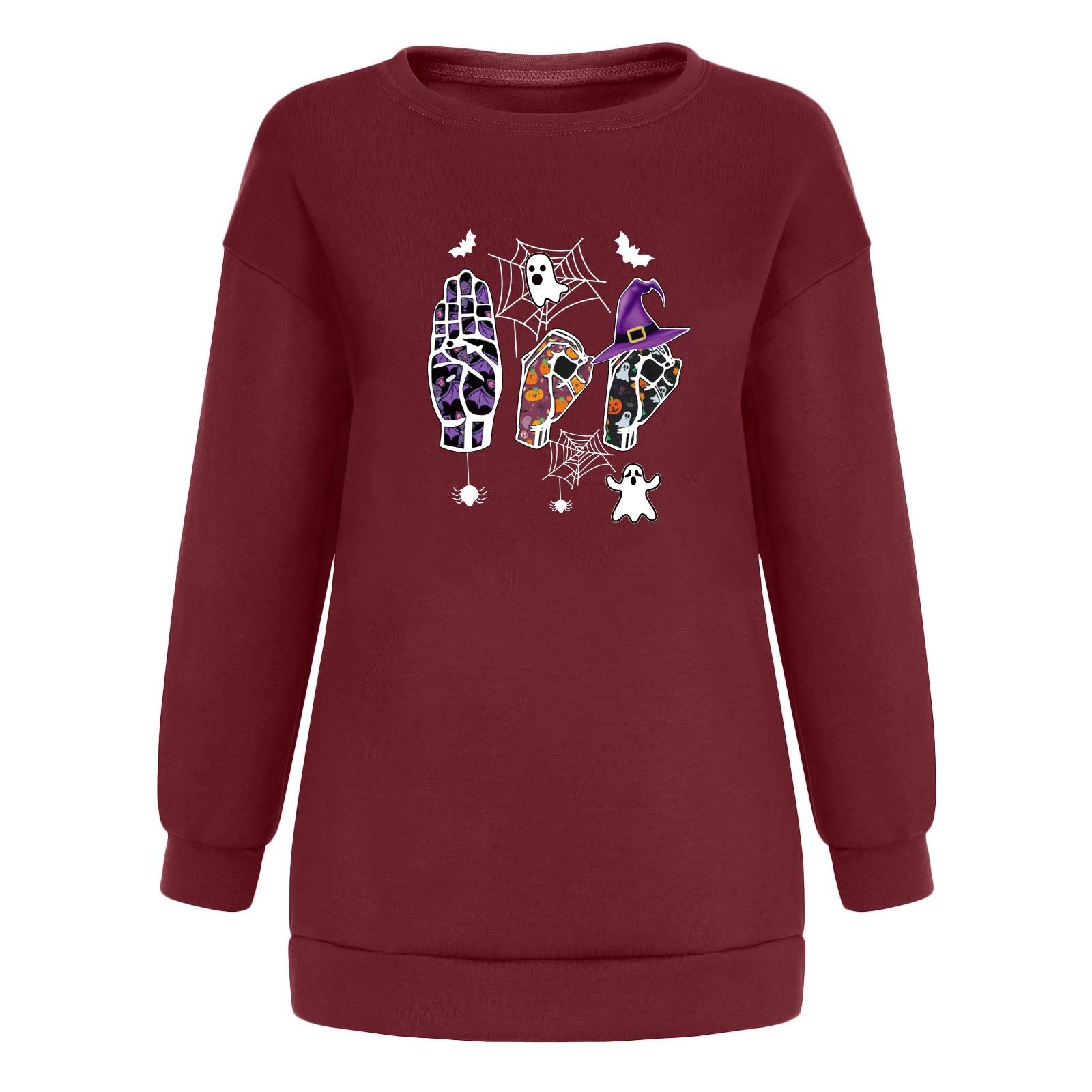 

(SU)Модный женский осенне-зимний повседневный топ с длинным рукавом с круглым вырезом и принтом на Хэллоуин