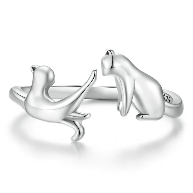 WOSTU 925 Silver Pet Cat Stackable Opening Ring For Women Snake Dog Adjustable Rings Fine Jewelry Party Birthday Gift