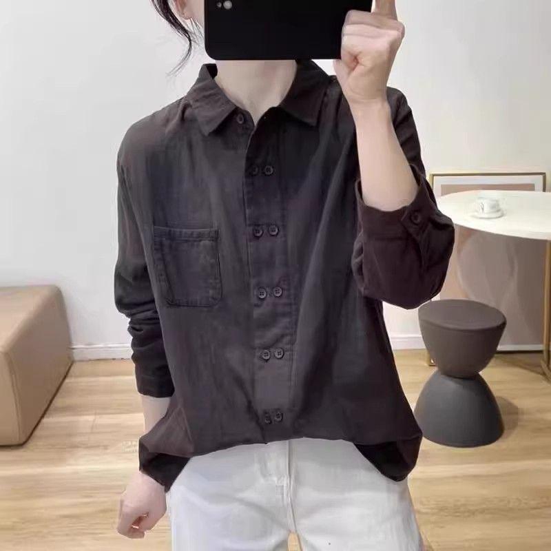 Women's Retro Double-Breasted Cotton Linen Long-Sleeve Polo Shirt