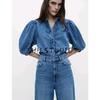 Lapel Puff Sleeves Denim Shirt 5216053 Washing Effect High Waist Wide Leg Denim 6840055