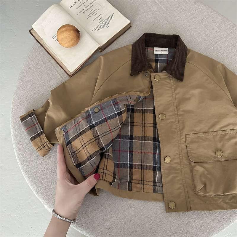 

2025 Spring Autumn Kids Boys Jacket Plaid Spliced Pocket Long Sleeve Toddler Boys Outerwears Coat Children Boys Jacket 7-8Y 140