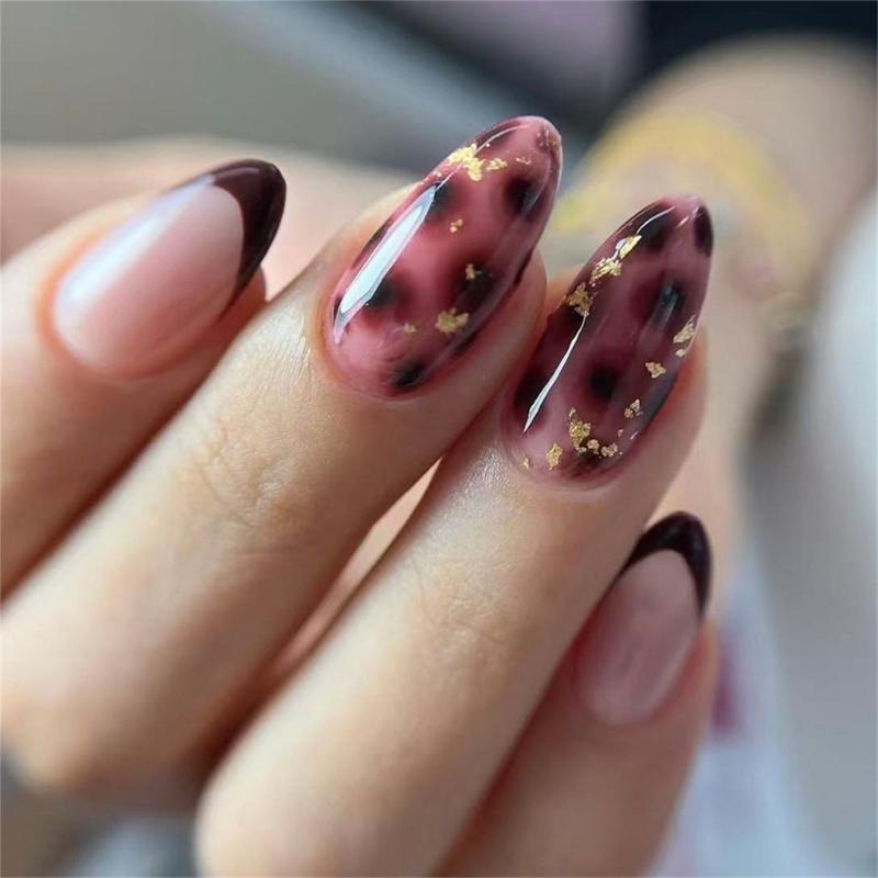 

Metallic Gold French Press On Nail Burgundys Glitters Rhinestones 24pcs Reusable ABS Material False Nail 1