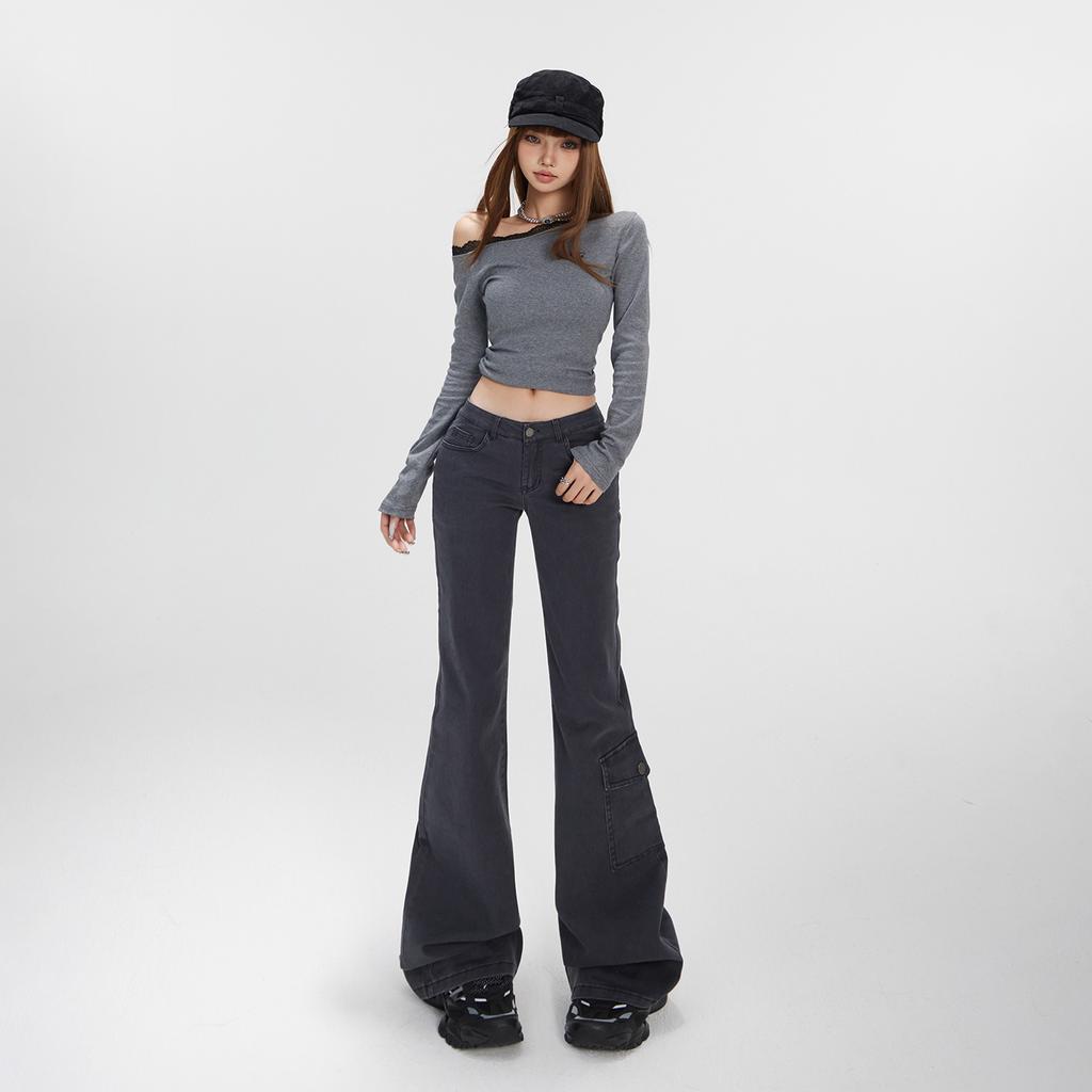 Low-rise tooling jeans women's autumn new American Spice Girls slim and thin versatile micro-flared pants