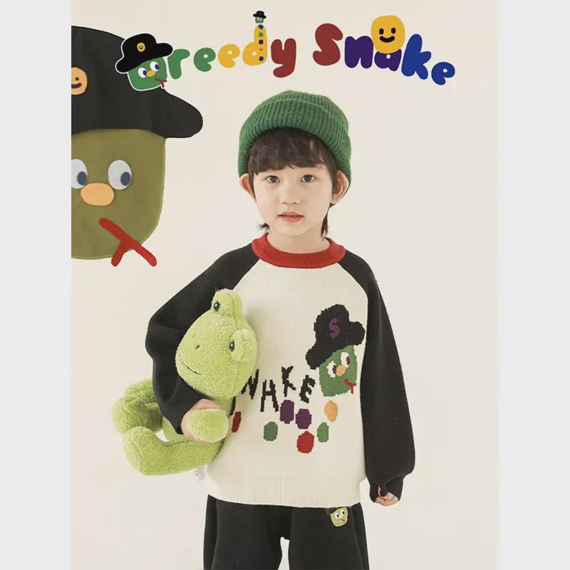 Wulibuyi 2025 Boys' Long-Sleeve Cartoon Snake Sweater – Warm Winter Knit