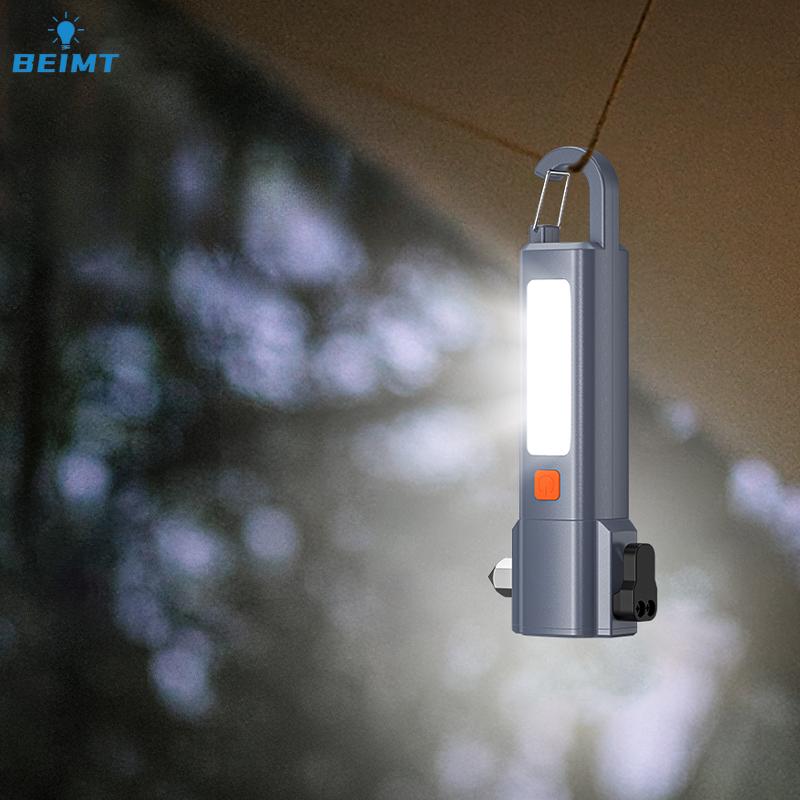 Multifunctional Zoom LED Flashlight with Hammer Built-in 18650 Battery Type-c Rechargeable Bright COB Work Light Camping Torch